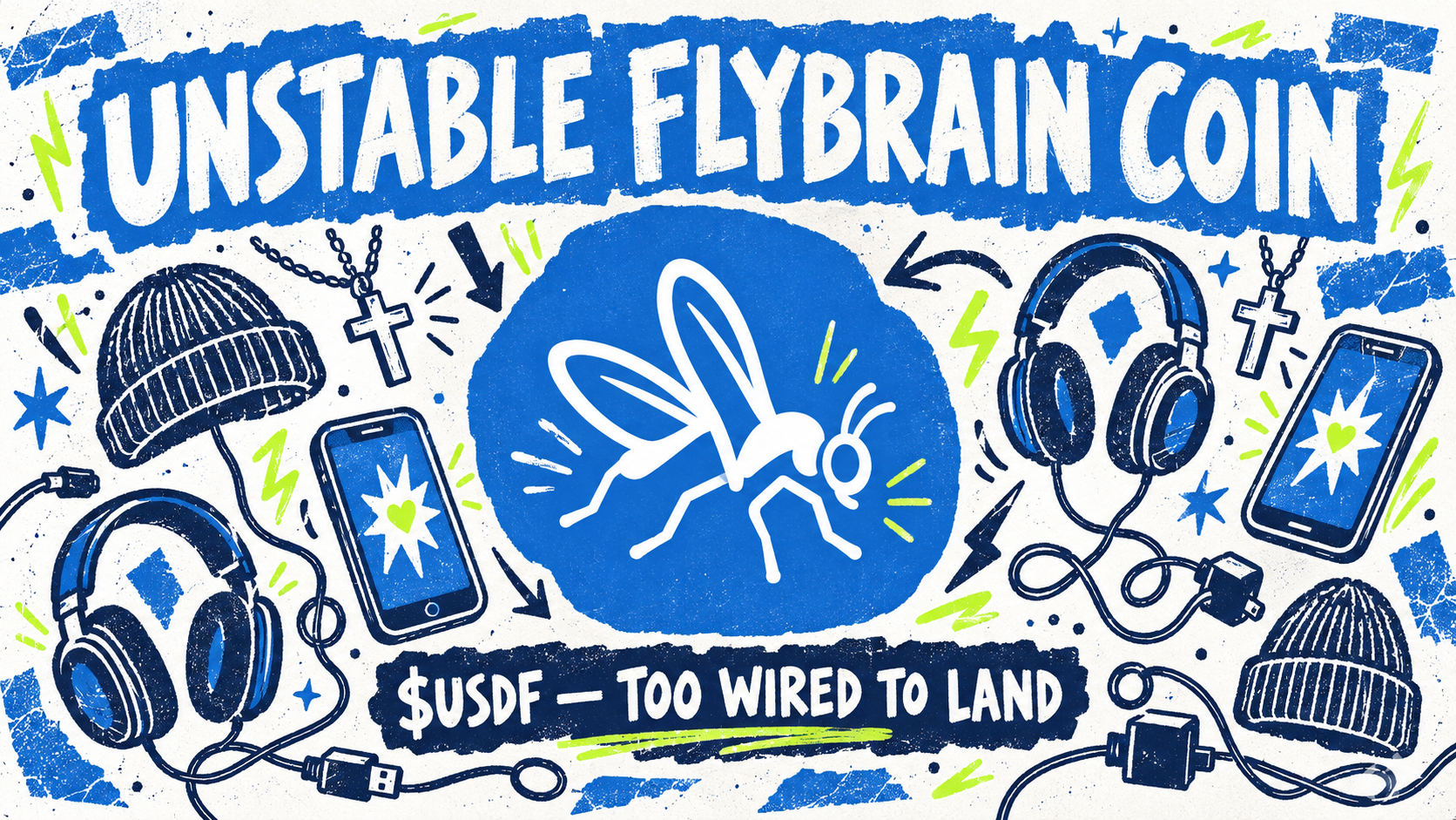 A hand-drawn Flybrain transmission filled with phones, earrings, headphones and beanies